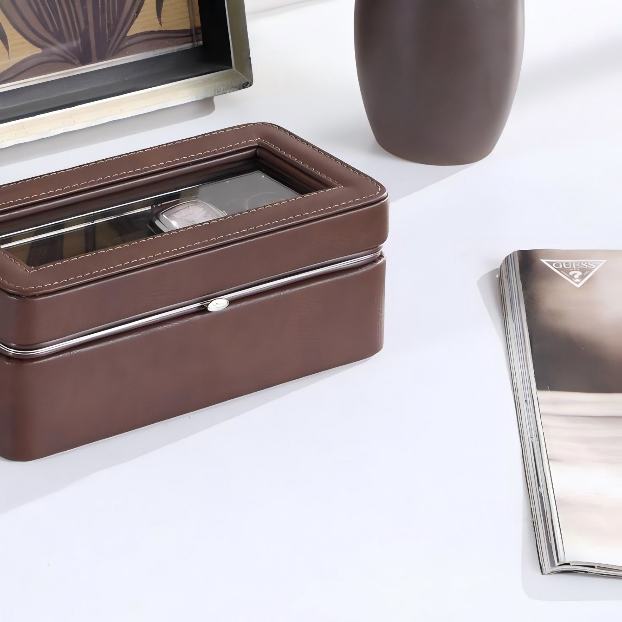 8' Long Tempered Glass and Leather 4-Slot Watch Display Case, Brown - Grand Goldman Shop