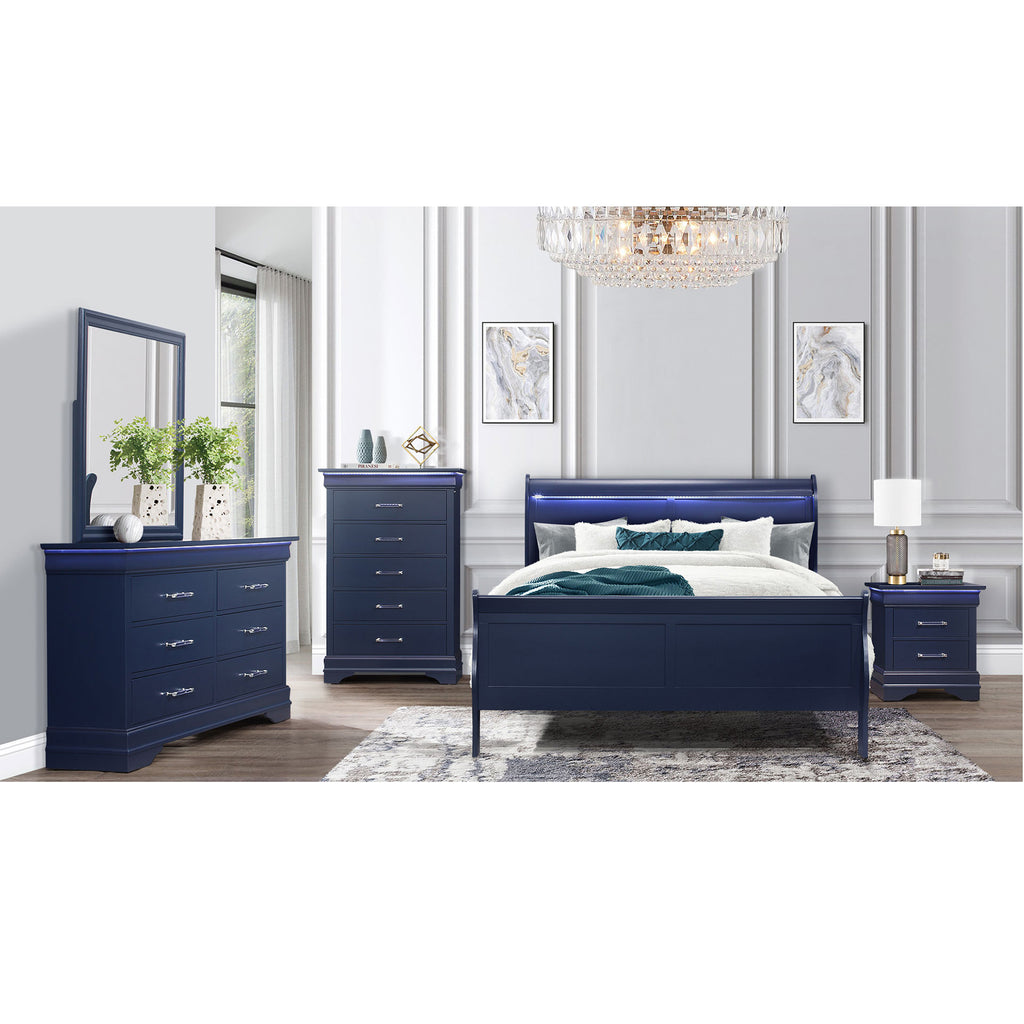 Charlston Sleigh Style 5-Piece Bedroom Set with LED Headboard in Blue Solid Wood and MDF - Grand Goldman Shop