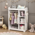 Kids Dress Up Storage with Mirror and Hooks, Wooden Dress Up Clothes Rack with Hanging Rod, 3 Side Hooks, Storage Shelves and