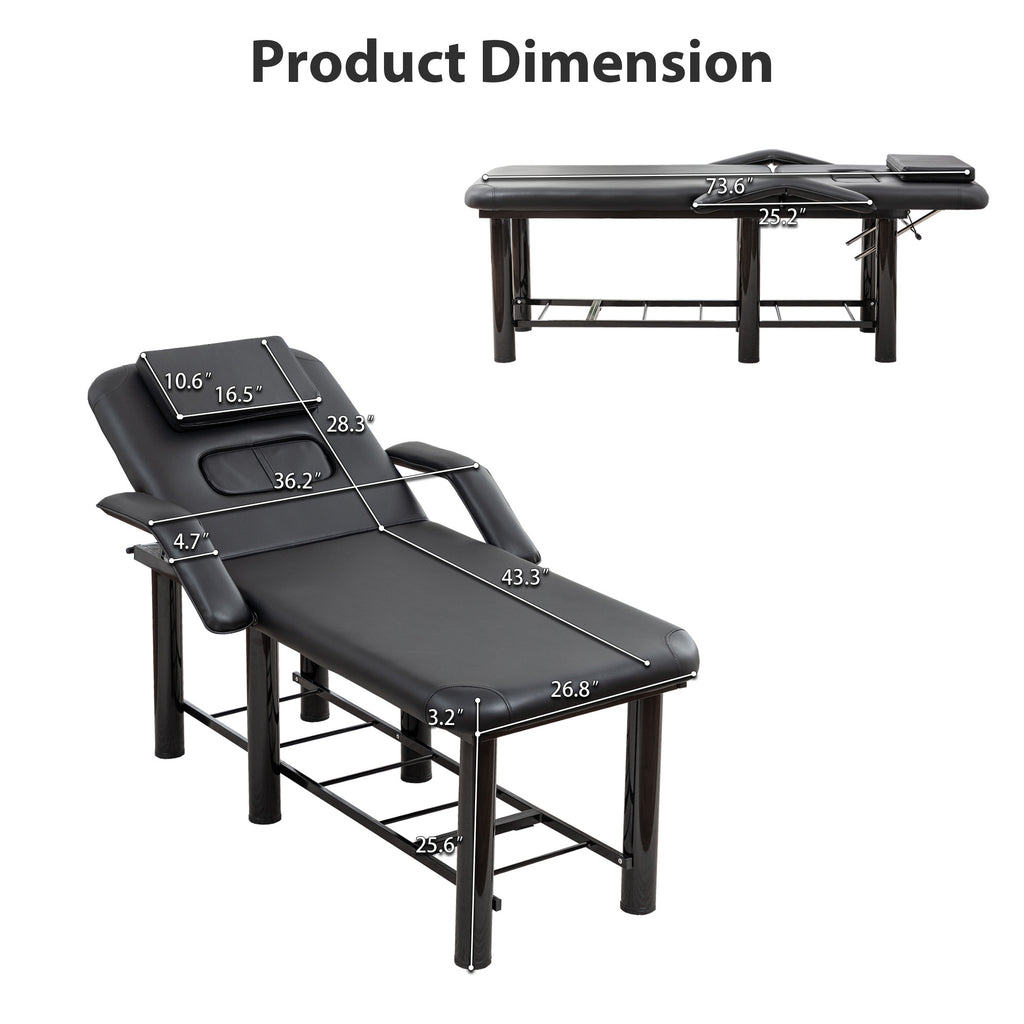 Professional Black Beauty Bed with Removable Headrest & Breast Cushions, Armrests and Storage Shelf for Massage, Facial, Tatt