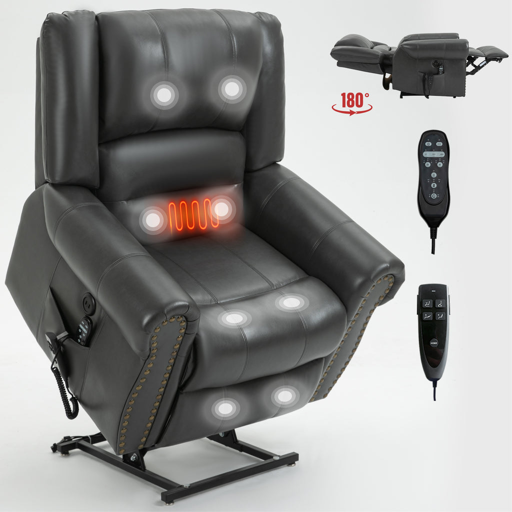 Power Lift Recliner Chair Heat Massage Dual Motor Infinite Position Up to 350 LBS, Faux Leather, Heavy Duty Motion Mechanism with USB Ports, Grey - Grand Goldman Shop