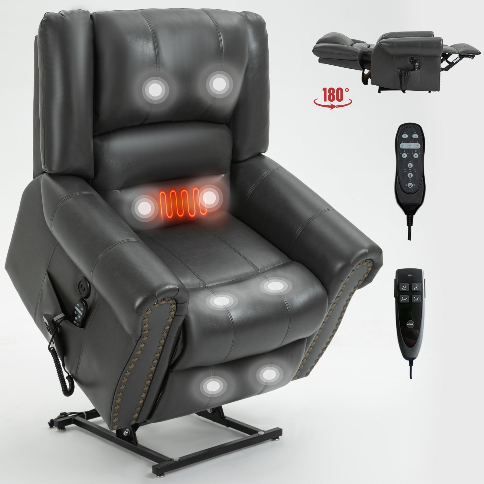 Power Lift Recliner Chair Heat Massage Dual Motor Infinite Position Up to 350 LBS, Faux Leather, Heavy Duty Motion Mechanism with USB Ports, Grey - Grand Goldman Shop