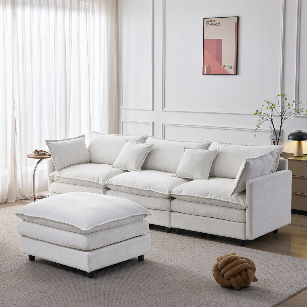 105' Modular Sectional Couch,Upholstered Soft Chenille Fabric Sofa,3 Seater with Ottoman L Shape Sofa Beige - Grand Goldman Shop