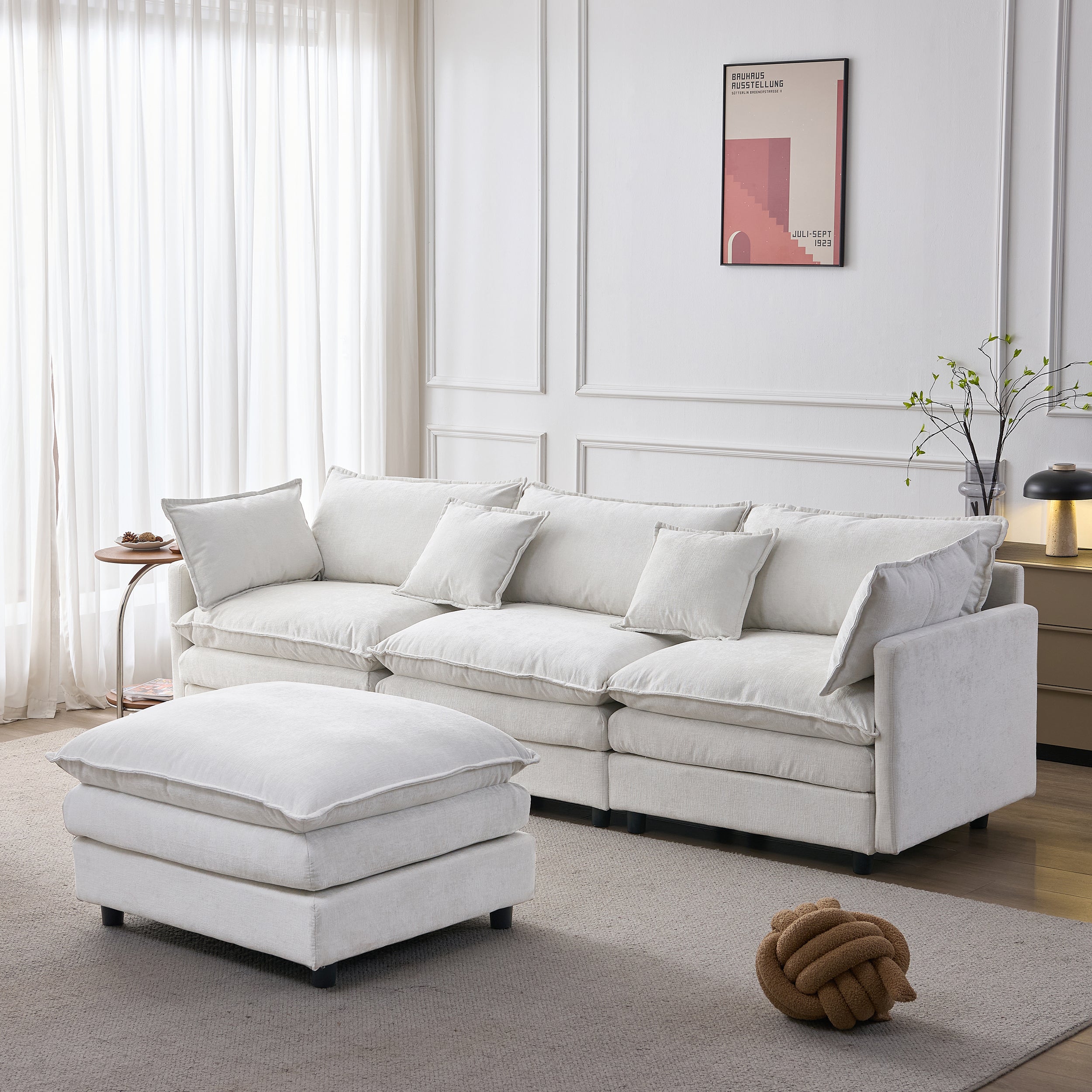 105' Modular Sectional Couch,Upholstered Soft Chenille Fabric Sofa,3 Seater with Ottoman L Shape Sofa Beige - Grand Goldman Shop