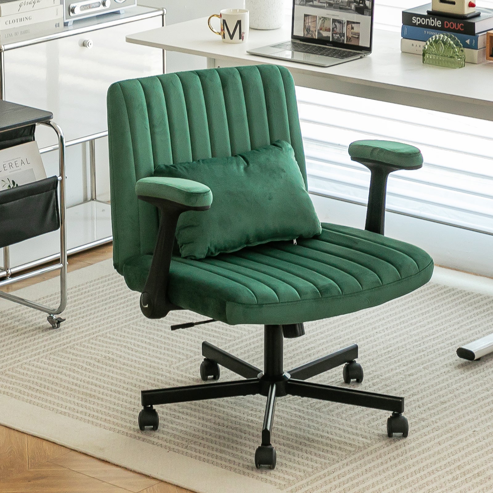 Green Velvet Criss Cross Armrest Office Chair with Wheels - Modern for Home Office, Meditation & Creative Work - Grand Goldma