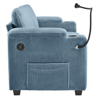 Navy Blue Corduroy Sleeper Sofa Loveseat with Full Size Mattress, USB Ports, Cup Holders, Side Pockets and Phone Holder - Grand Goldman Shop