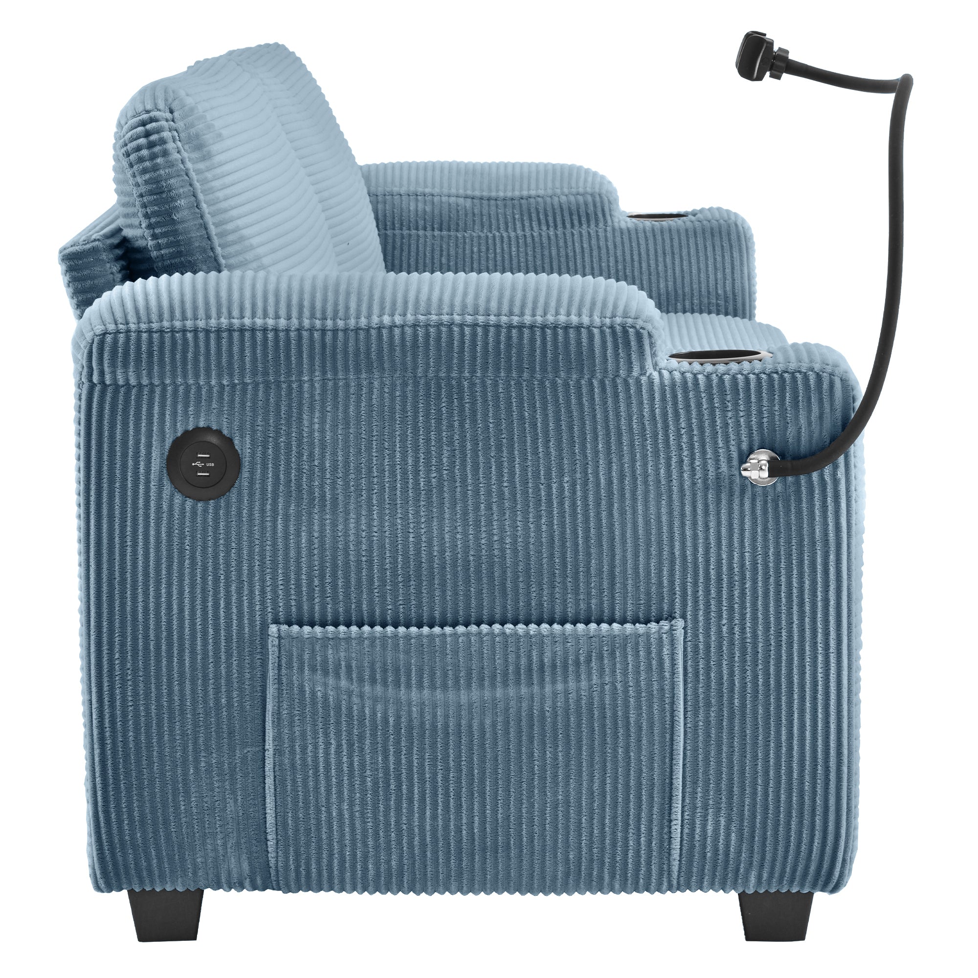 Navy Blue Corduroy Sleeper Sofa Loveseat with Full Size Mattress, USB Ports, Cup Holders, Side Pockets and Phone Holder - Grand Goldman Shop