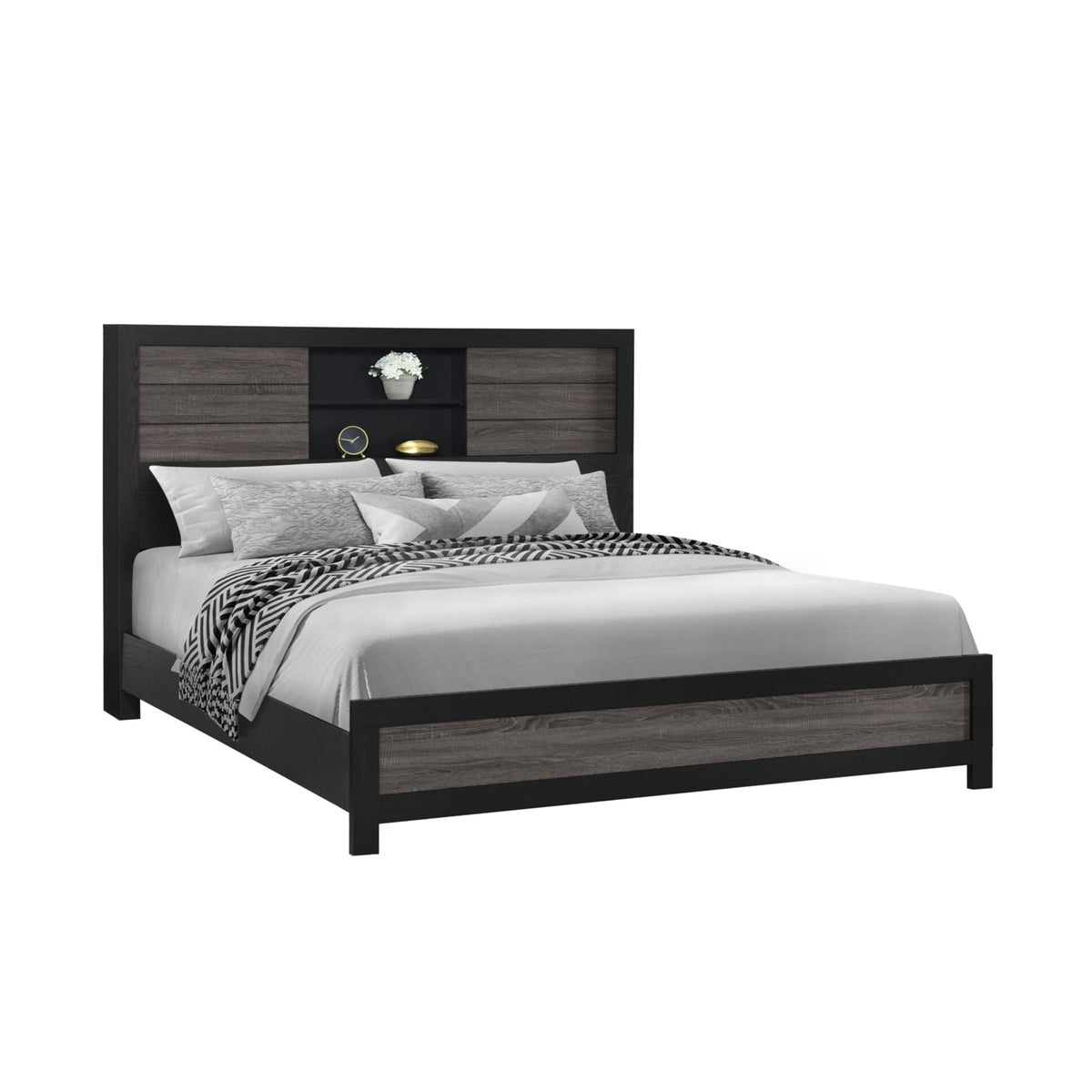 Urban Farmhouse King Size Bed with Bookcase, Dark Gray and Black, Solid Wood and MDF - Grand Goldman Shop
