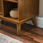 Mid Century Modern Rattan Sideboard Cabinet, Buffet Cabinet for Entryway Hallway Living Room Kitchen Dining Room, Adjustable Shelf & Solid Wood Feet & Rattan Cabinet Doors - Light Wood - Grand Goldman Shop