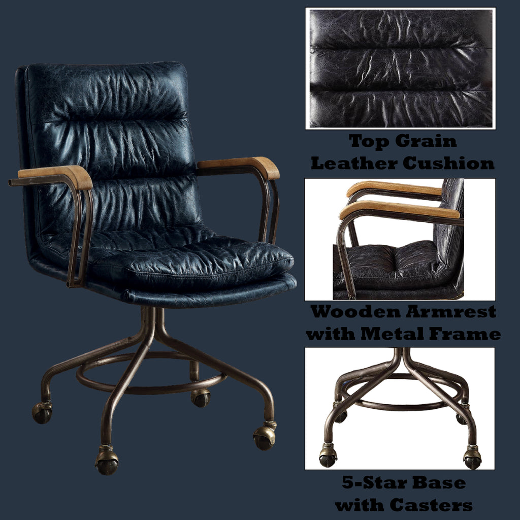 Harith II Vintage Blue Top Grain Leather Office Chair with Padded Back and Armrests and Swivel Seat - Grand Goldman