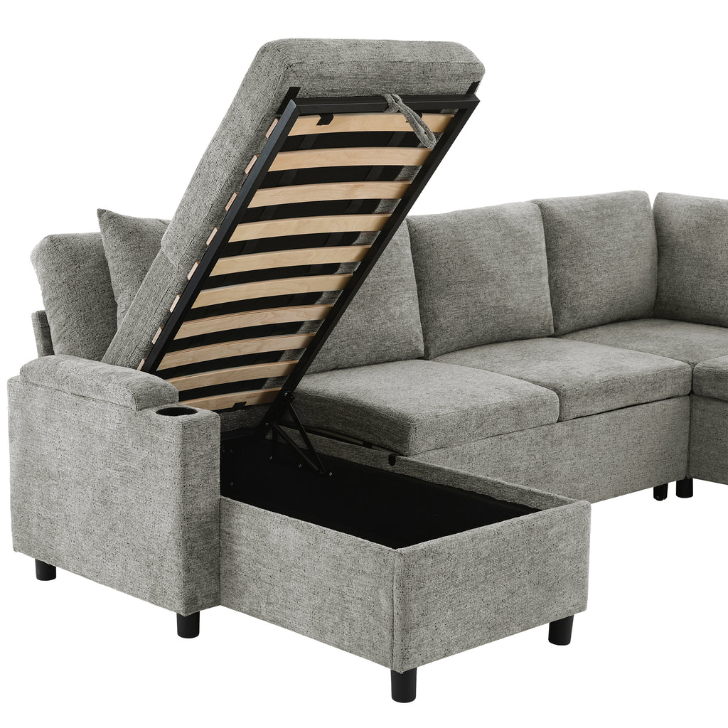 Versatile Light Grey Chenille Sectional Sofa Bed with Storage, Cup Holders & Charging Ports, 109.9' - Grand Goldman Shop