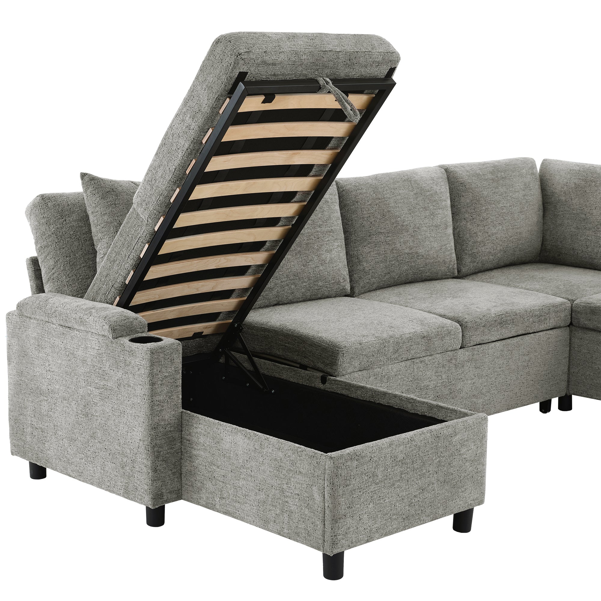 Versatile Light Grey Chenille Sectional Sofa Bed with Storage, Cup Holders & Charging Ports, 109.9' - Grand Goldman Shop