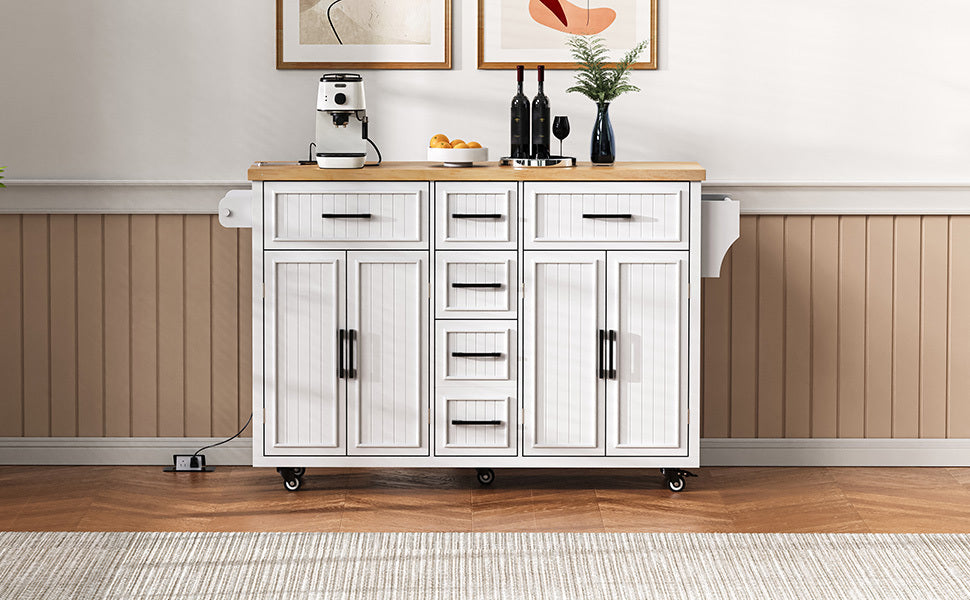 K&K 56.5'' Kitchen Island with Drop Leaf, Power Outlet, Embossed Vertical Stripe Rolling Kitchen Cart on Wheels with 4 Doors , 5 Deep Drawers and Adjustable Shelves, for Kitchen, Dining Room, White - Grand Goldman Shop