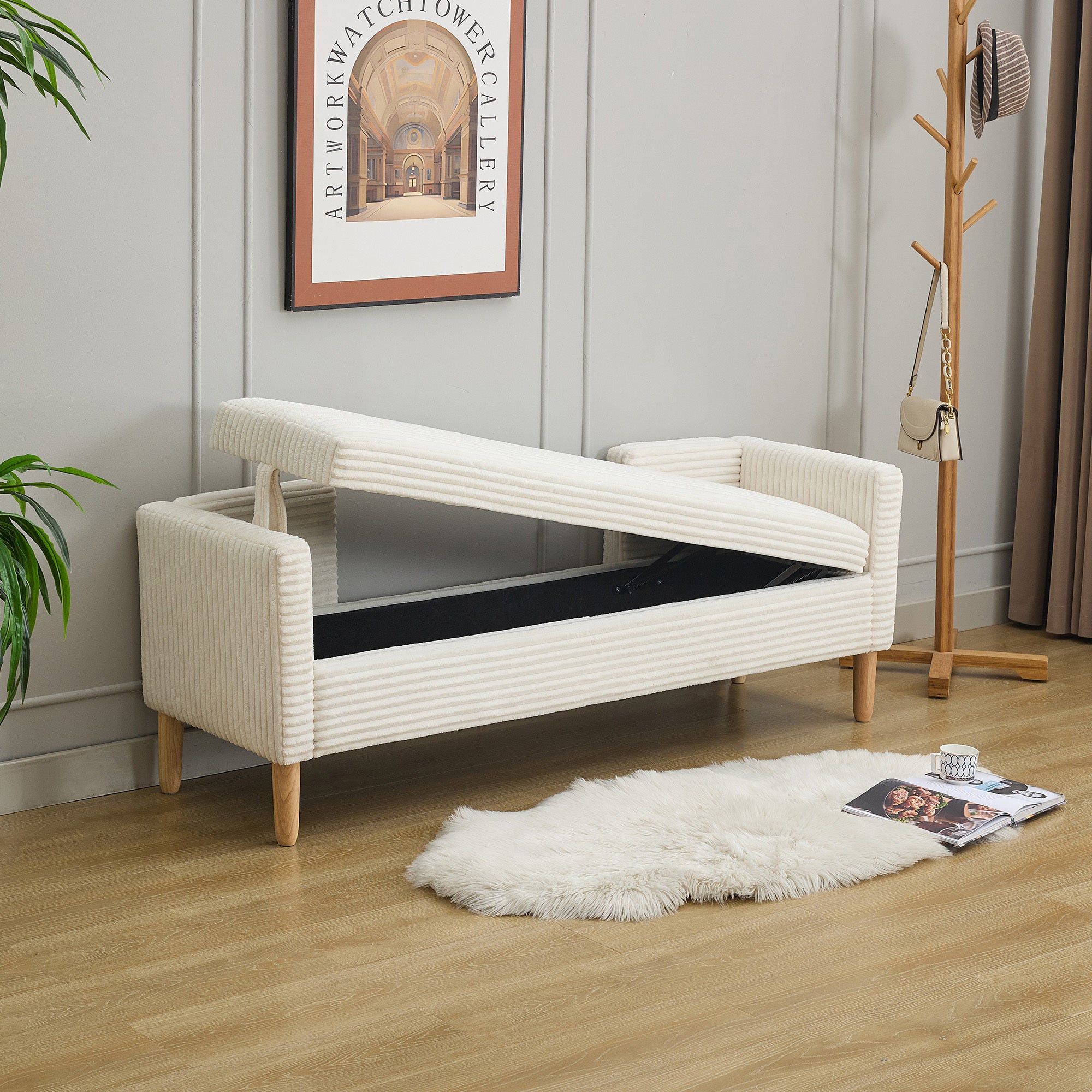 65.35'Wide Upholstered Flip-top Storage Accent Bed Bench, Corduroy Footrest Ottoman with Armrests&Backrest&2 Bolster Pillows Wood Legs for Living Room, End of Bed, Hallway, Entryway Bedroom. Ivory - Grand Goldman Shop