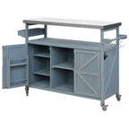 K&K Outdoor Kitchen Island, Rolling Bar Cart & Storage Cabinet, Farmhouse Solid Wood Outdoor Grill Table with Stainless Steel Top, Spice Rack , Towel Rack for Kitchen & BBQ , Grey Blue - Grand Goldman Shop