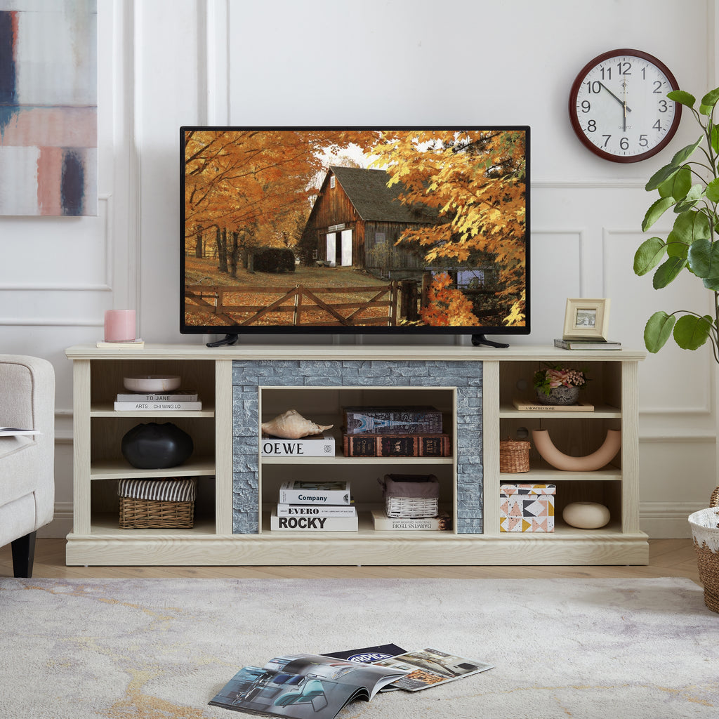 Large TV Desk Storage Rack with Faux Stacked Stone Surround,Media Console Table with Large Storage Cabinet,Modern TV Media Entertaionment Stand,WHITE, 70.12'W*15.35'D*25.83'H - Grand Goldman Shop