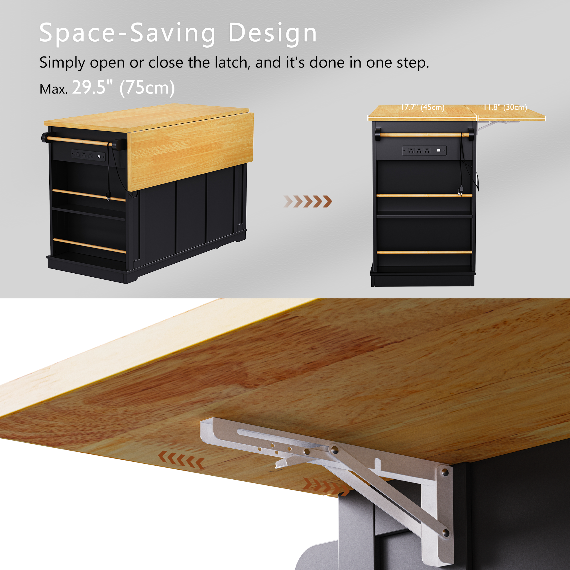K&K 53inch Large Kitchen Island with 2 Bar Stools, Power Outlet,Door Internal Storage Rack, Kitchen Storage Cart on 5 Wheels with Drop Leaf, 5 Open Side Racks, 3 Drawers,Black (Three Packages) - Grand Goldman Shop