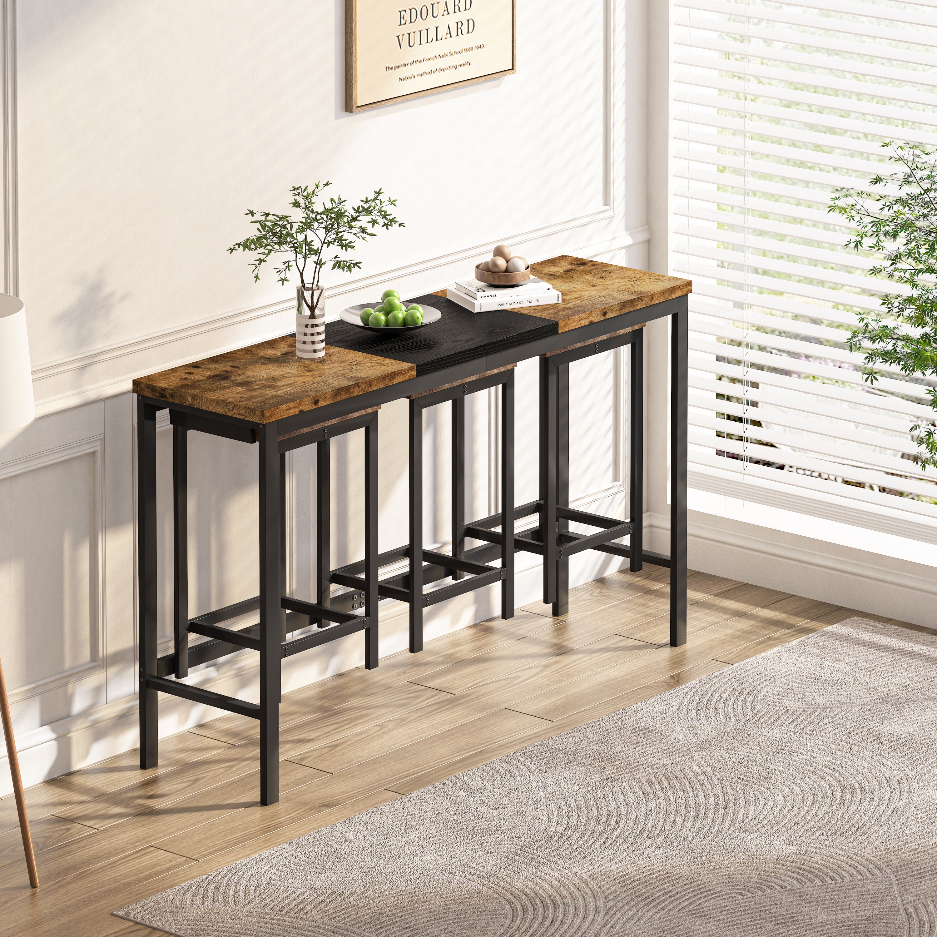 Modern Design Kitchen Dining Table, Pub Table, Long Dining Table Set with 3 Stools, Convenient Hanging Stool Design, Natural+Black,(Same SKU:W757P146463) - Grand Goldman Shop