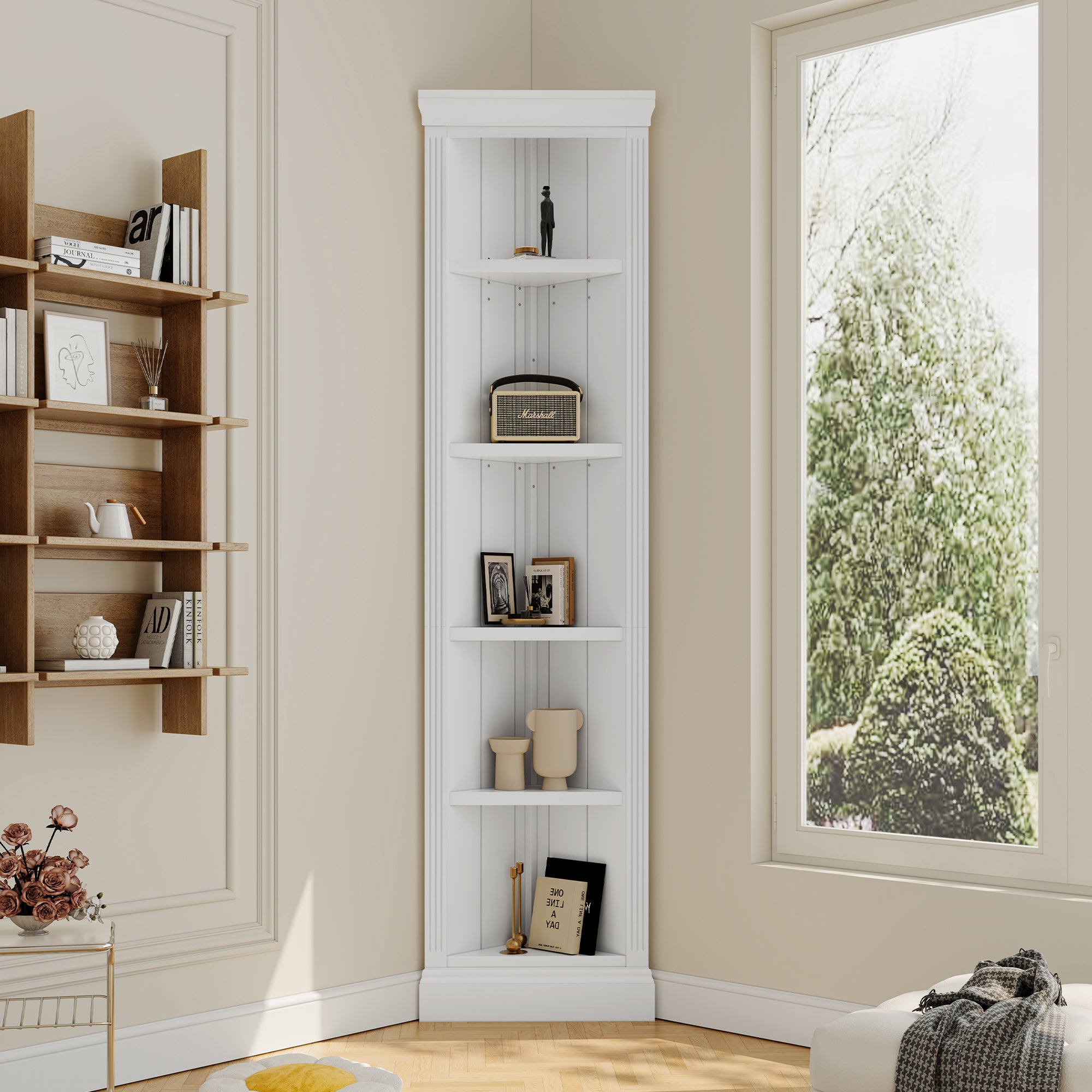 83.4'Tall Modern Corner Shelf,5 Tier Corner Bookcase, Storage Standing Shelf Unit, Open Corner Plant Display Stand for Small Space for Living Room,Wall Corner, Home Office,White - Grand Goldman Shop