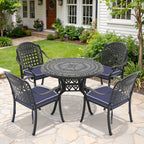 5-Piece Set Of Cast Aluminum Patio Furniture With Black Frame and Blue Seat Cushions