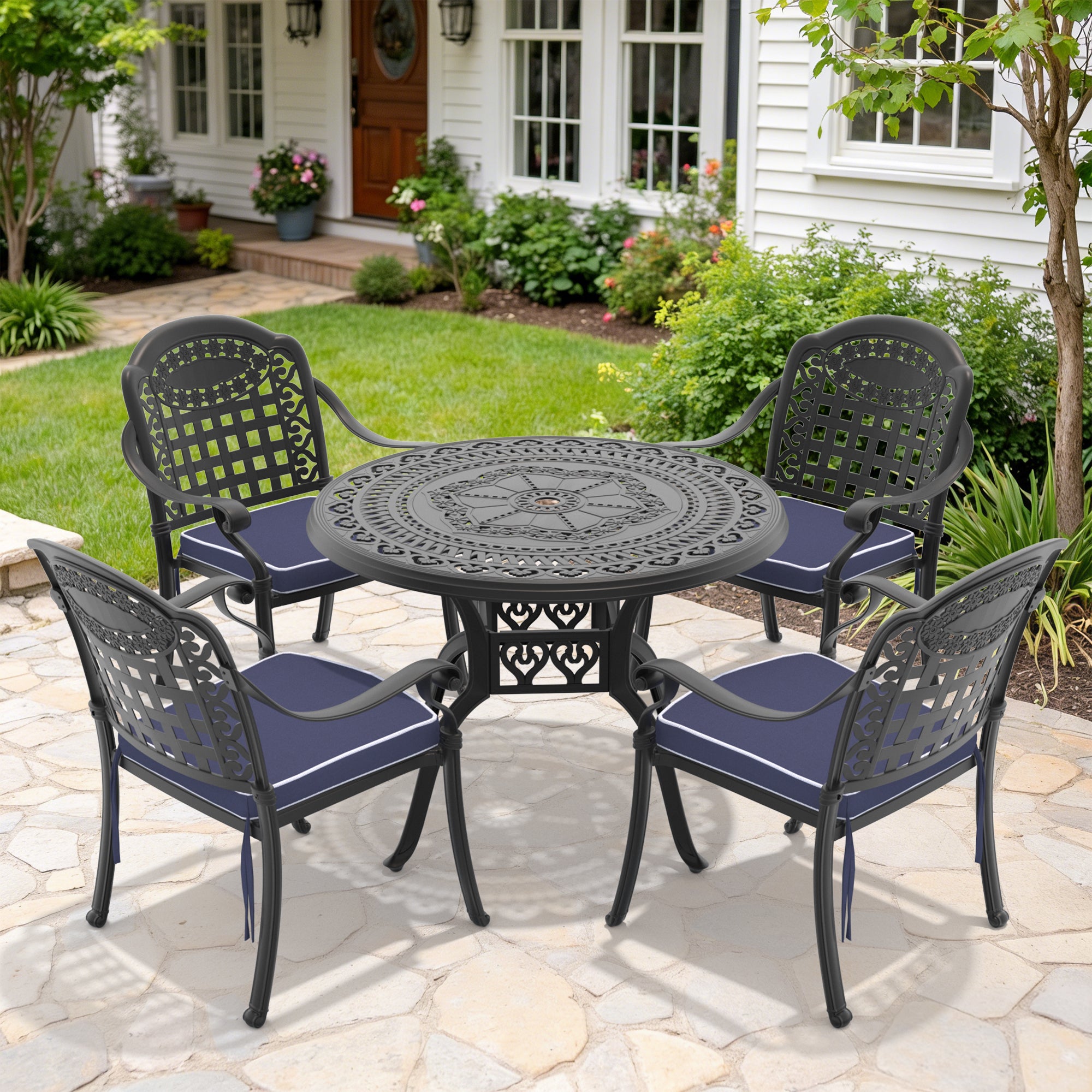 5-Piece Set Of Cast Aluminum Patio Furniture With Black Frame and Blue Seat Cushions