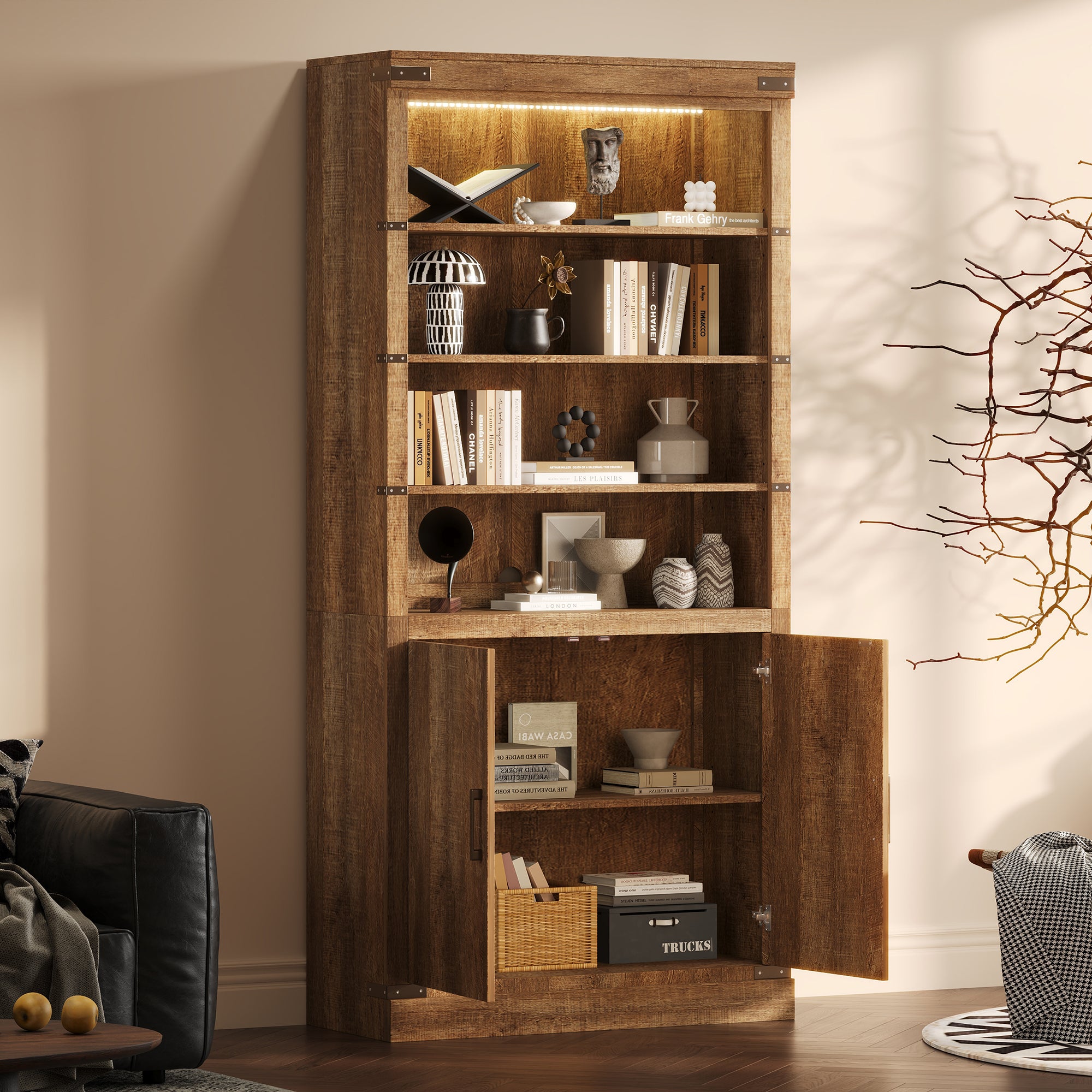83.4'Tall Modern Bookshelf with Doors, Farmhouse Bookcase with 3-Tier Adjustable Shelves, Display Shelves with LED Light,Larg