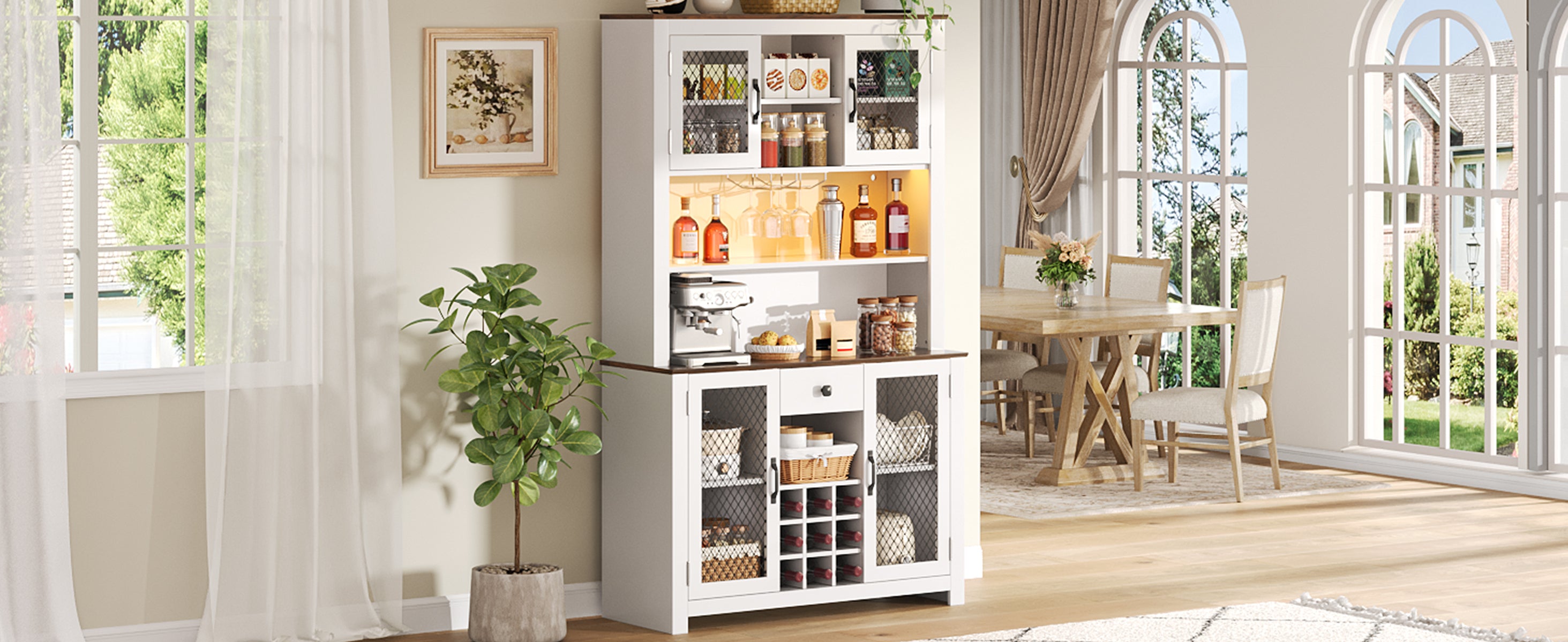 70.9' Kitchen Pantry Storage Cabinet Rustic Buffet Cabinet, Kitchen Hutch Cabinet with LED Outlets Food Pantry Cabinet with Doors and Shelves Wine Rack for Dining Room, White - Grand Goldman Shop