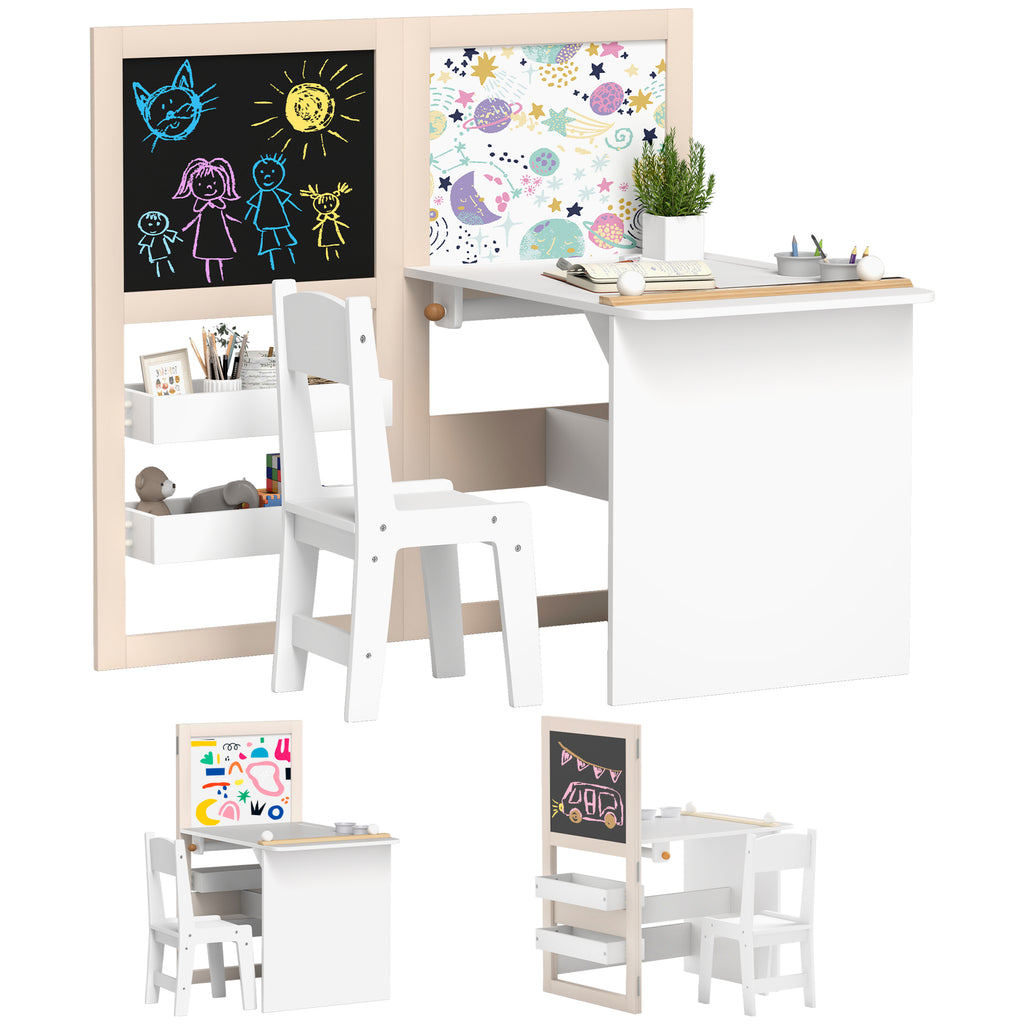 Qaba Kids Table and Chair Set, 3 in 1 Kids Art Table and Chair Set with Storage Shelves, Foldable Blackboard, Whiteboard & Ro