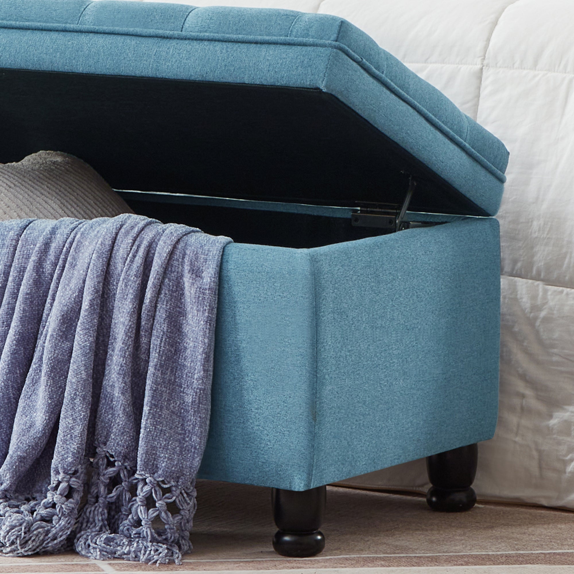 Upholstered tufted button storage bench ,Linen fabric entry bench with spindle wooden legs, Bed bench- Light Blue - Grand Goldman Shop