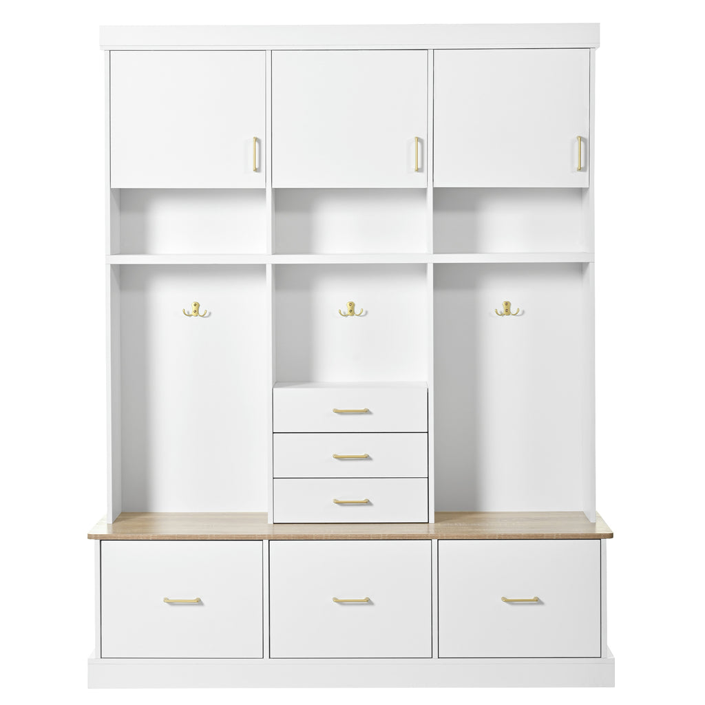 75'' H Entryway Hall Tree with Bench and Storage, 5-in-1 Modern Hall Tree with Coat Rack, 6 Drawers, 3 Cabinets and 3-Tier Top Storage for Hallway, Entryway, Living Room, Mudroom - Grand Goldman Shop