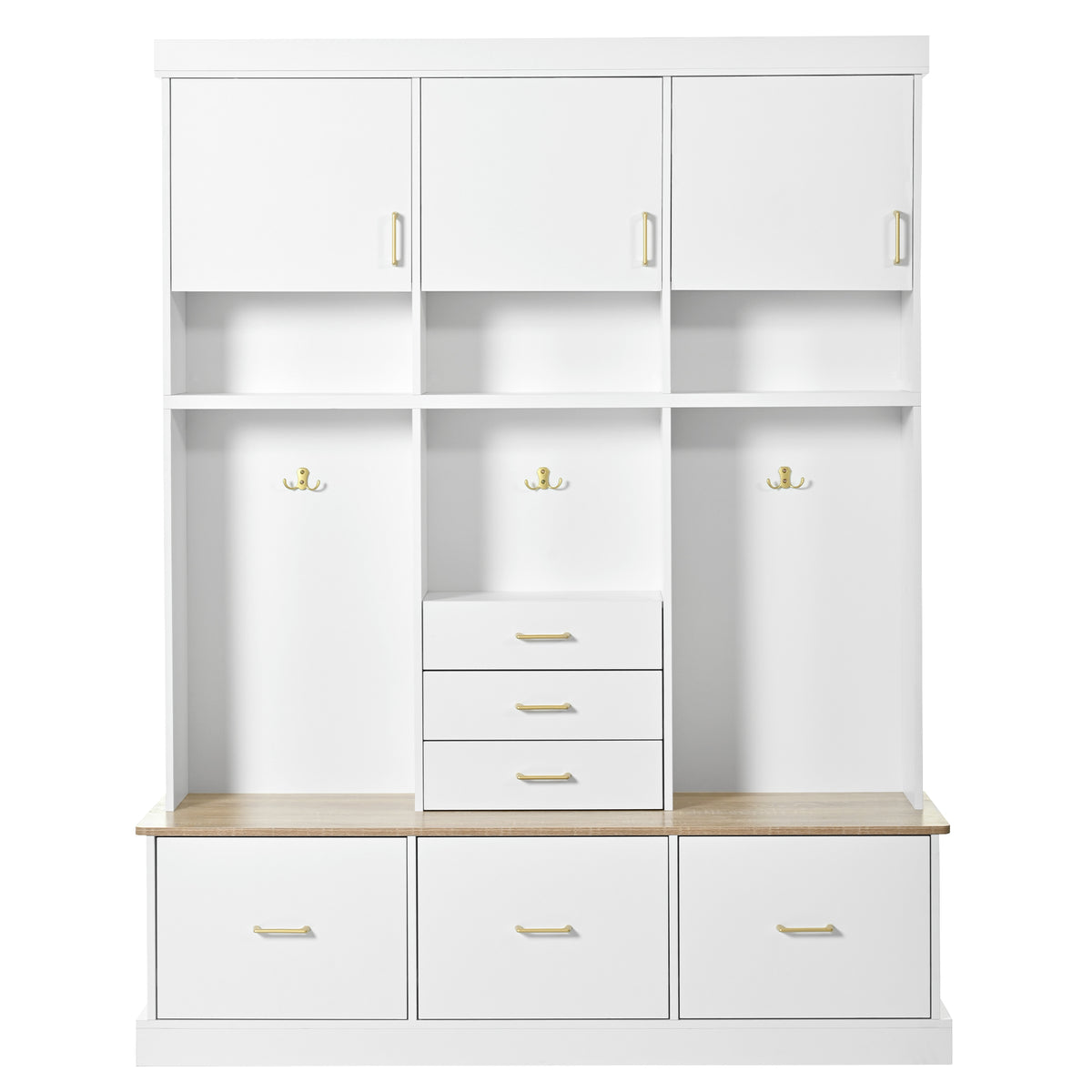 75'' H Entryway Hall Tree with Bench and Storage, 5-in-1 Modern Hall Tree with Coat Rack, 6 Drawers, 3 Cabinets and 3-Tier Top Storage for Hallway, Entryway, Living Room, Mudroom - Grand Goldman Shop