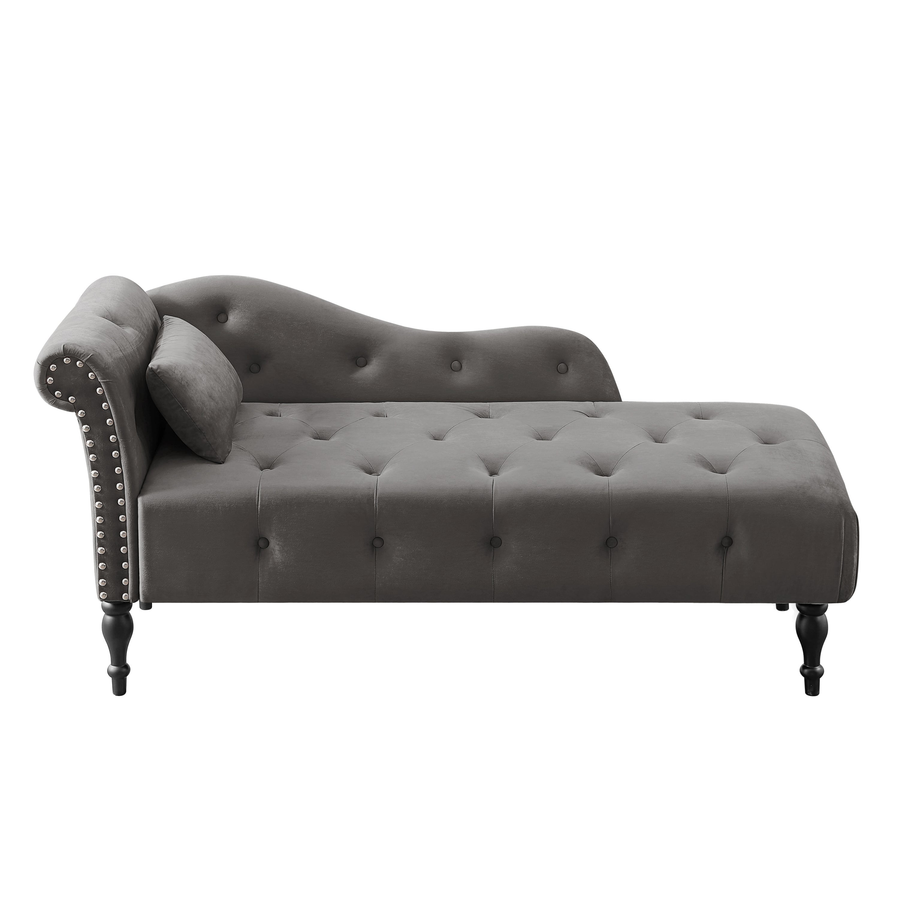 Aijia 60.6' Velvet Chaise Lounge Buttons Tufted Nailhead Trimmed Solid Wood Legs with 1 Pillow,Grey  (Left Arm Design as Shown in the Picture) - Grand Goldman Shop