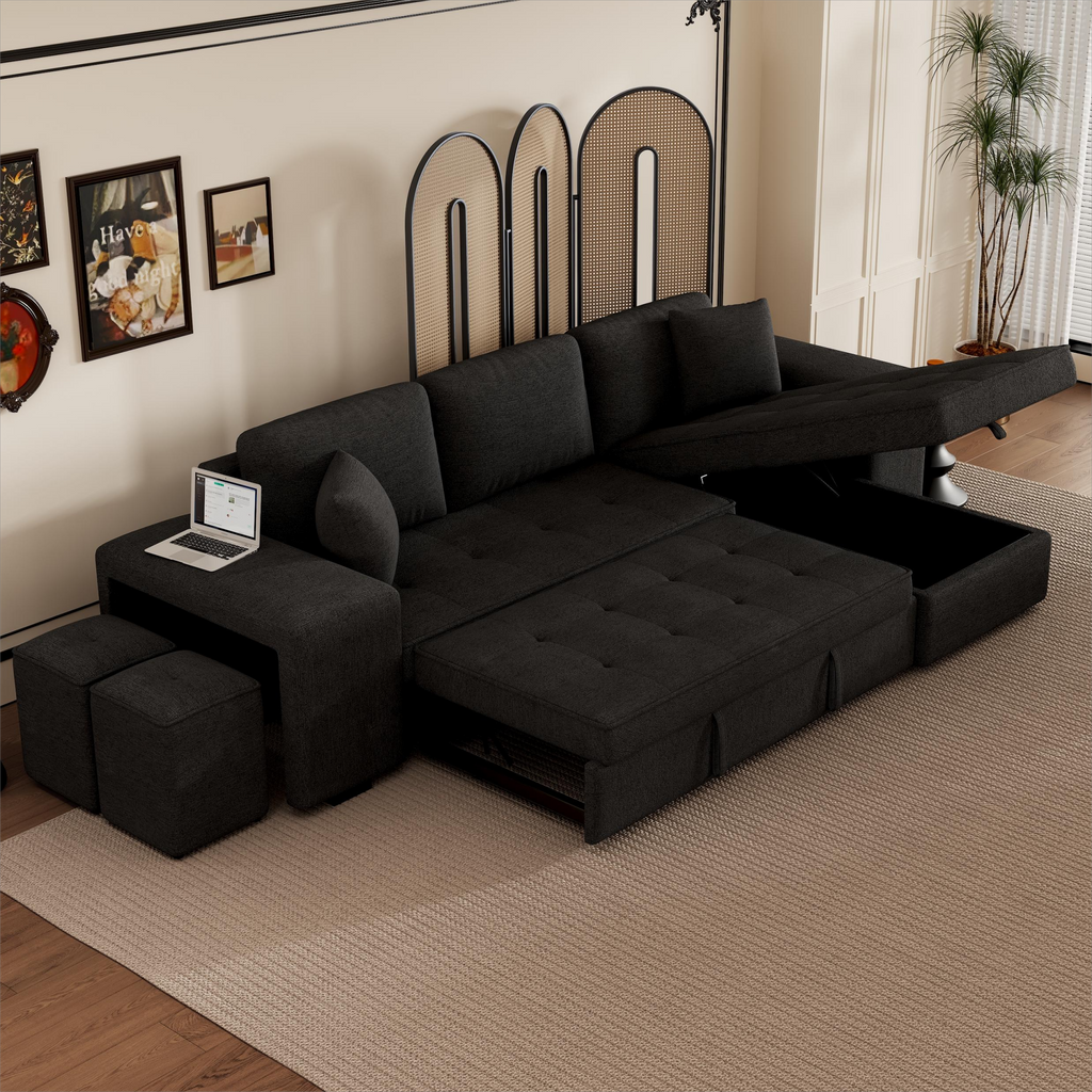 Modern L-Shape 3 Seat Reversible Sectional Couch with Pull Out Sleeper Sofa, Storage Chaise, 2 Stools, Charcoal Grey, Linen Chenille - Grand Goldman Shop