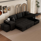 Modern L-Shape 3 Seat Reversible Sectional Couch with Pull Out Sleeper Sofa, Storage Chaise, 2 Stools, Charcoal Grey, Linen Chenille - Grand Goldman Shop