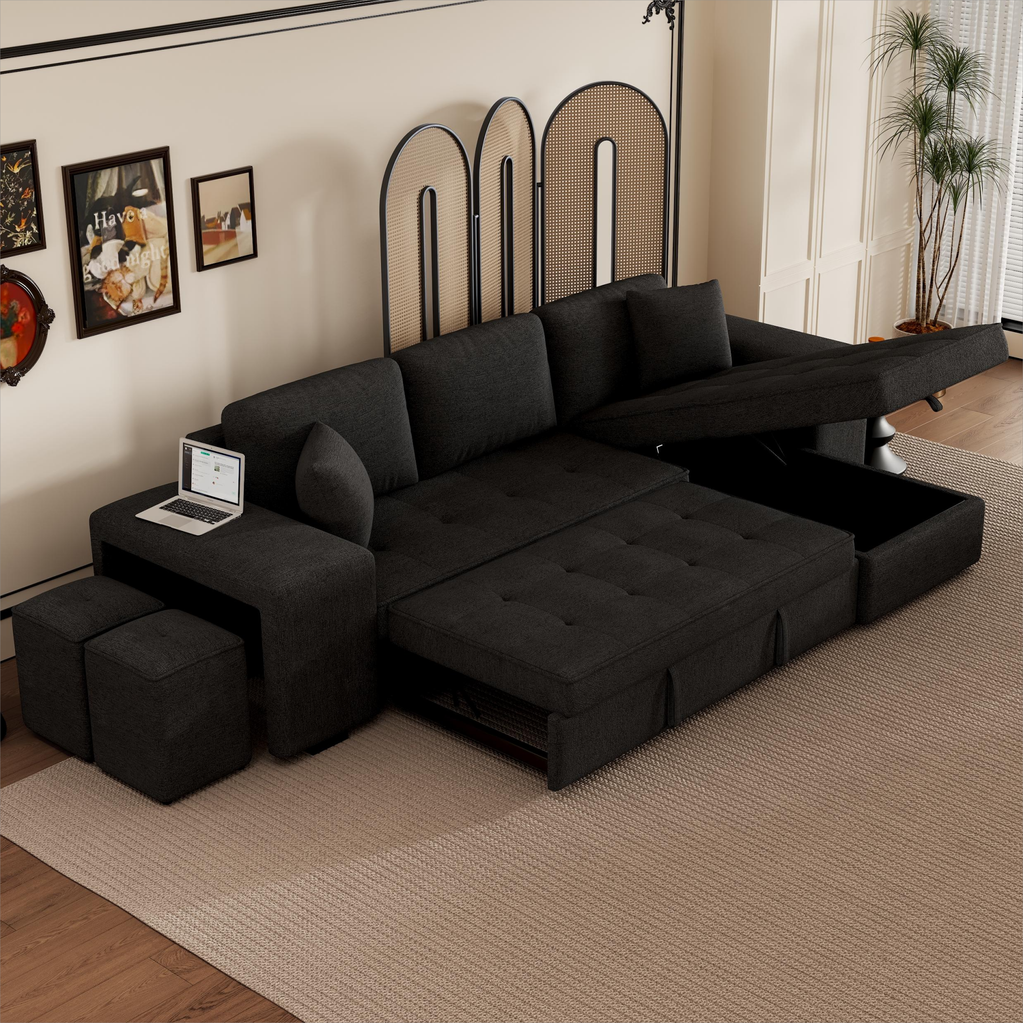 Modern L-Shape 3 Seat Reversible Sectional Couch with Pull Out Sleeper Sofa, Storage Chaise, 2 Stools, Charcoal Grey, Linen Chenille - Grand Goldman Shop