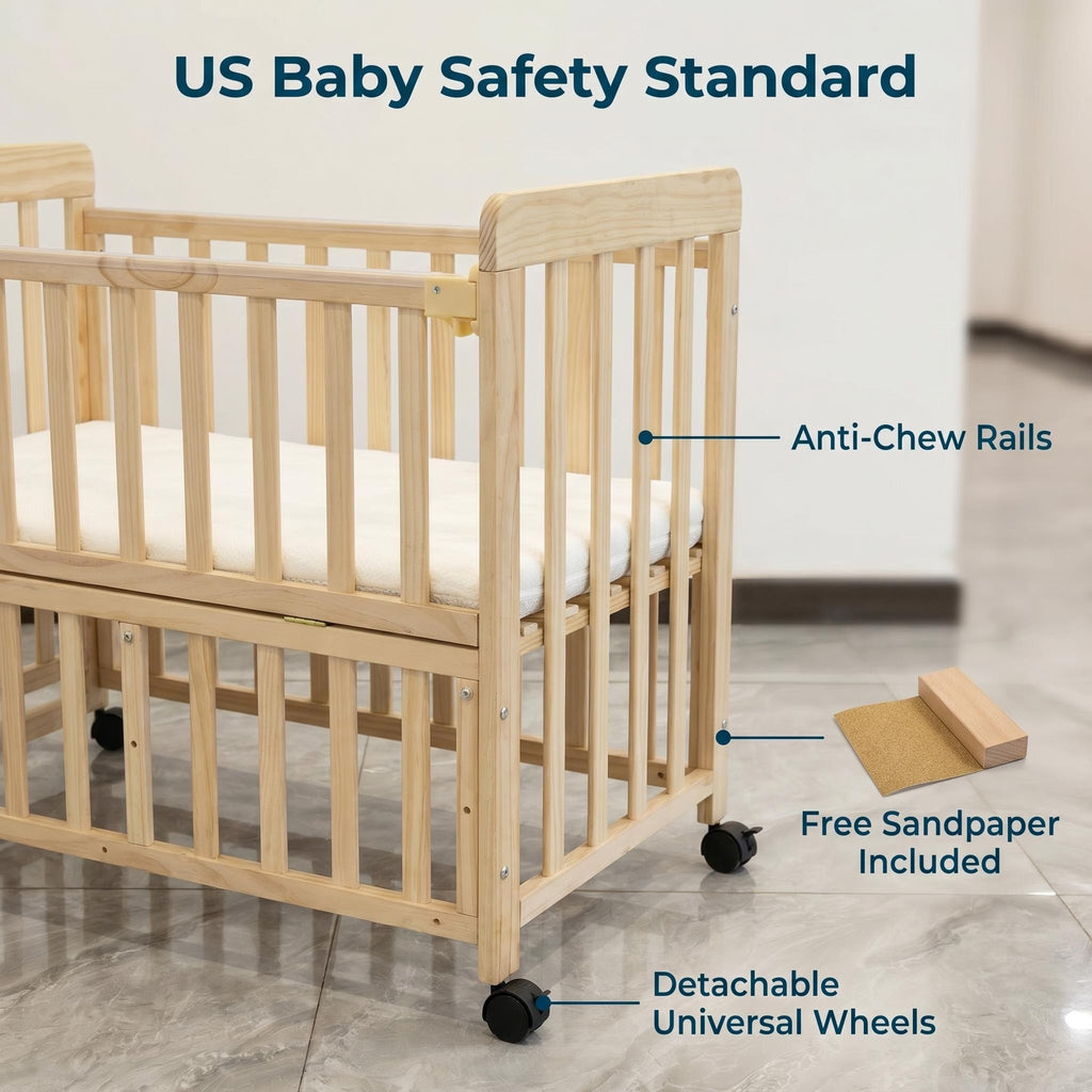 Portable Pine Wood Bedside Bassinet with 3 Adjustable Heights, Natural Wood Mini Crib for Newborns 0-36 Months, Compact Desig