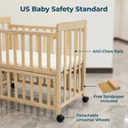 Portable Pine Wood Bedside Bassinet with 3 Adjustable Heights, Natural Wood Mini Crib for Newborns 0-36 Months, Compact Desig
