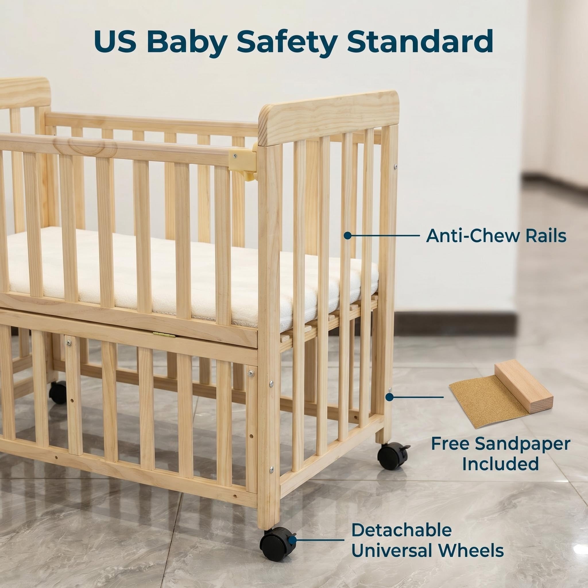 Portable Pine Wood Bedside Bassinet with 3 Adjustable Heights, Natural Wood Mini Crib for Newborns 0-36 Months, Compact Desig