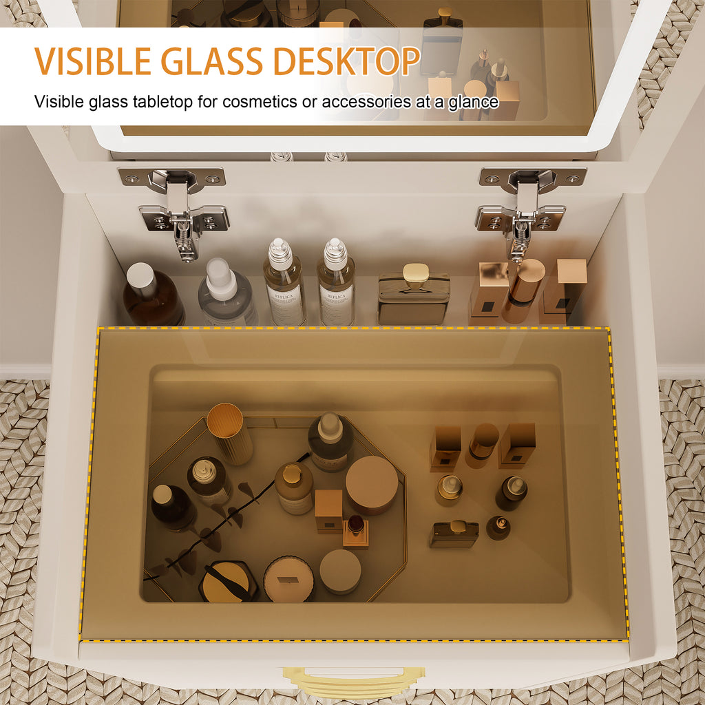 Compact 3 in 1 Vanity Desk with Open Top Mirror, Glass Desktop, White MDF, 50.39' Height - Grand Goldman Shop