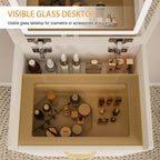 Compact 3 in 1 Vanity Desk with Open Top Mirror, Glass Desktop, White MDF, 50.39' Height - Grand Goldman Shop