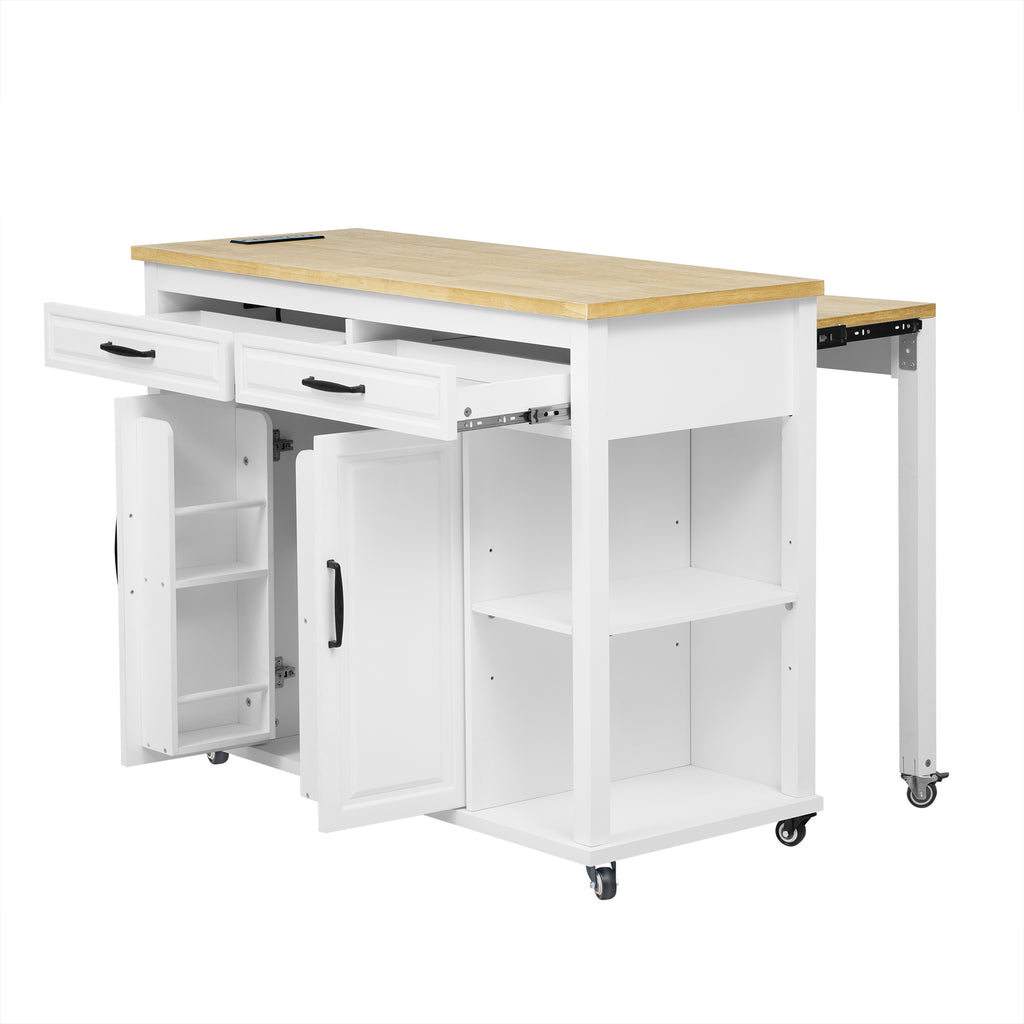 K&K 47 inch Kitchen Island with Extendable Dining Table, Rubber Wood Veneer Kitchen Table with Internal Storage Rack, Power Outlet, Kitchen island with Storage 2 Drawers 2 Cabinet,White - Grand Goldman Shop