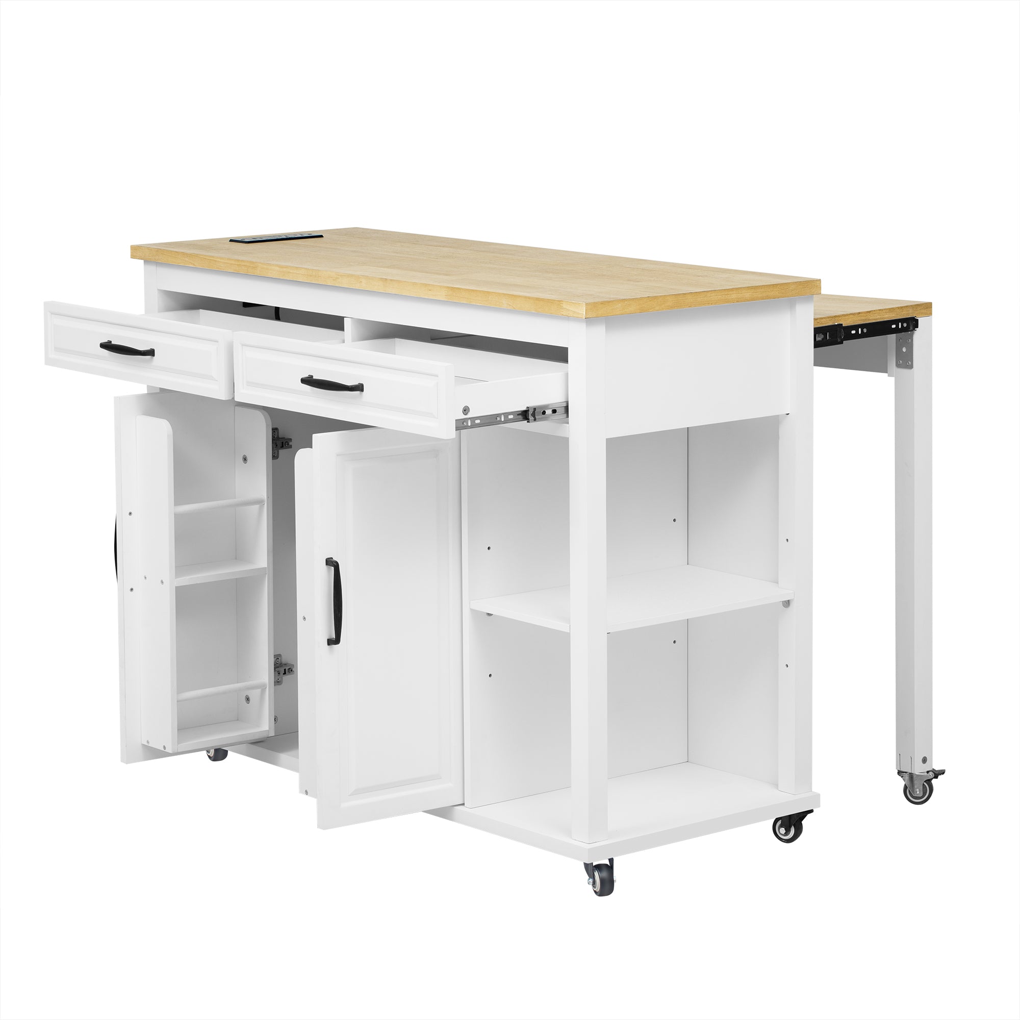 K&K 47 inch Kitchen Island with Extendable Dining Table, Rubber Wood Veneer Kitchen Table with Internal Storage Rack, Power Outlet, Kitchen island with Storage 2 Drawers 2 Cabinet,White - Grand Goldman Shop
