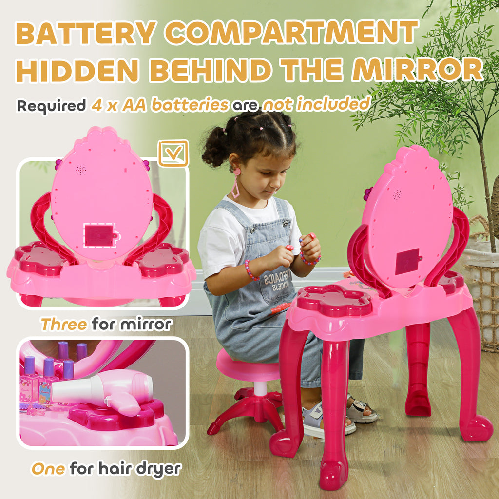 Qaba Kids Vanity Set with Mirror and Stool, Girls Makeup Table with Light and Sound, 15 Accessories, Pretend Play Set with Ha