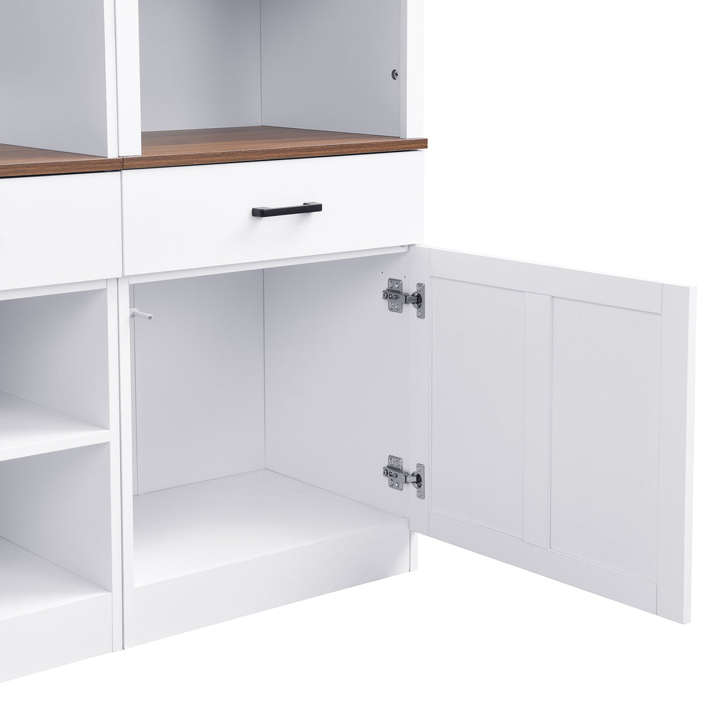 Farmhouse Entertainment Wall Unit with Bookshelf for TVs Up to 70', Walnut TV Stand with Adjustable Shelves, Mid-Century Media Console with Wine Rack for Living Room, White (NEW SKU: N721S000046K-2) - Grand Goldman Shop