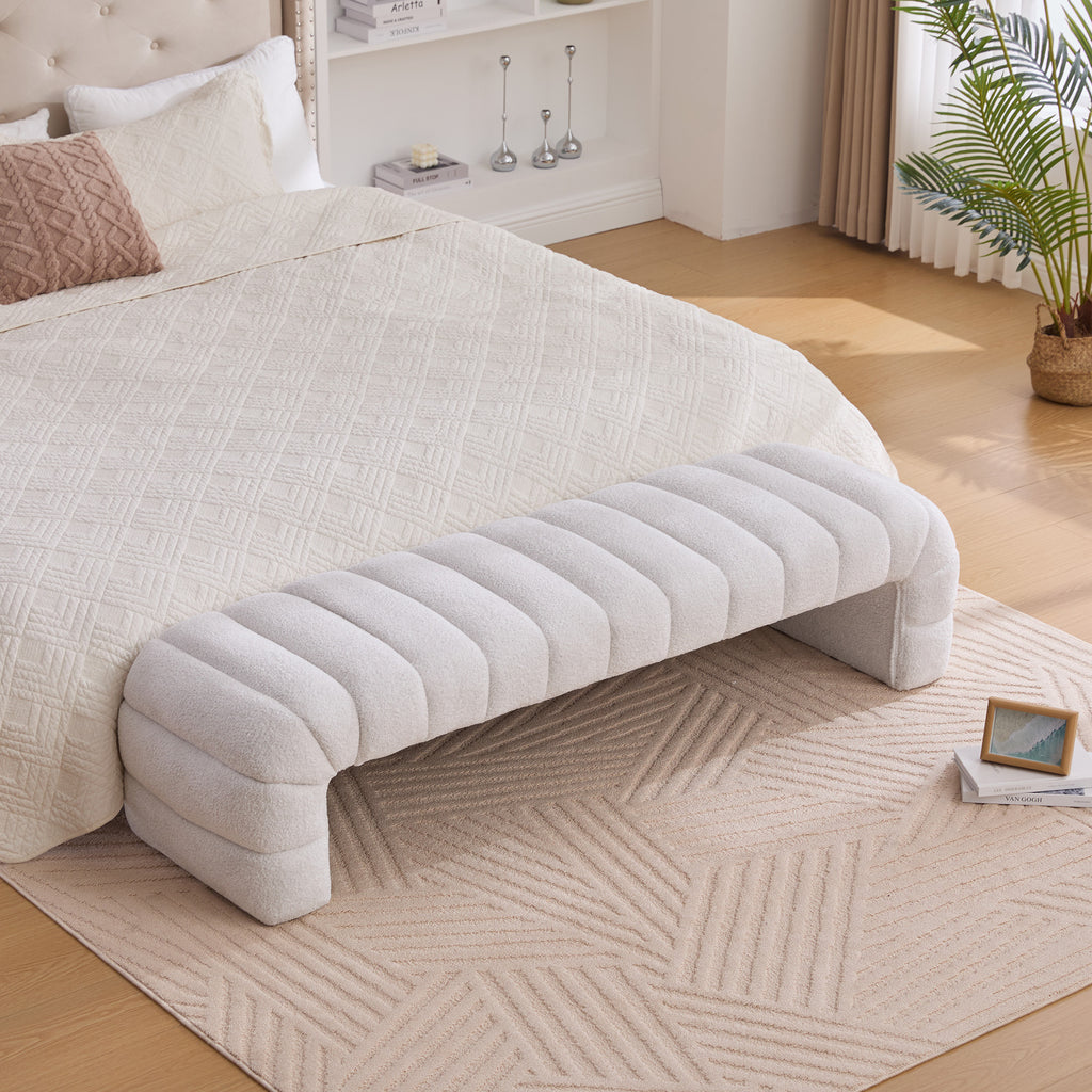 Modern Upholstered Armless Bed Bench, Channel Tufted Couch Daybed Chaise, Ivory Chenille, 69.7' Wide - Grand Goldman Shop