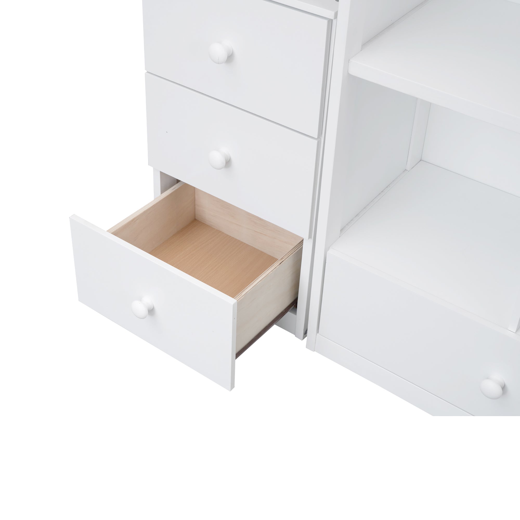 White Twin Size Loft Bed with L-Shaped Desk, Drawers, Cabinet, and Storage Staircase - Pine Wood & MDF - Grand Goldman Shop