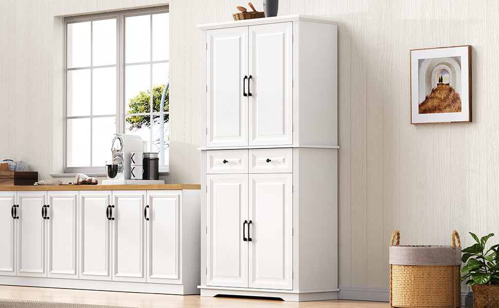 K&K 71' Tall Kitchen Pantry Cabinet with 3 Pull Out Cabinet Organizers, Farmhouse Embossed Texture Storage Cabinet with 6 Door Shelves, 2 Drawers, Freestanding Cupboard for Kitchen, Dining Room White - Grand Goldman Shop