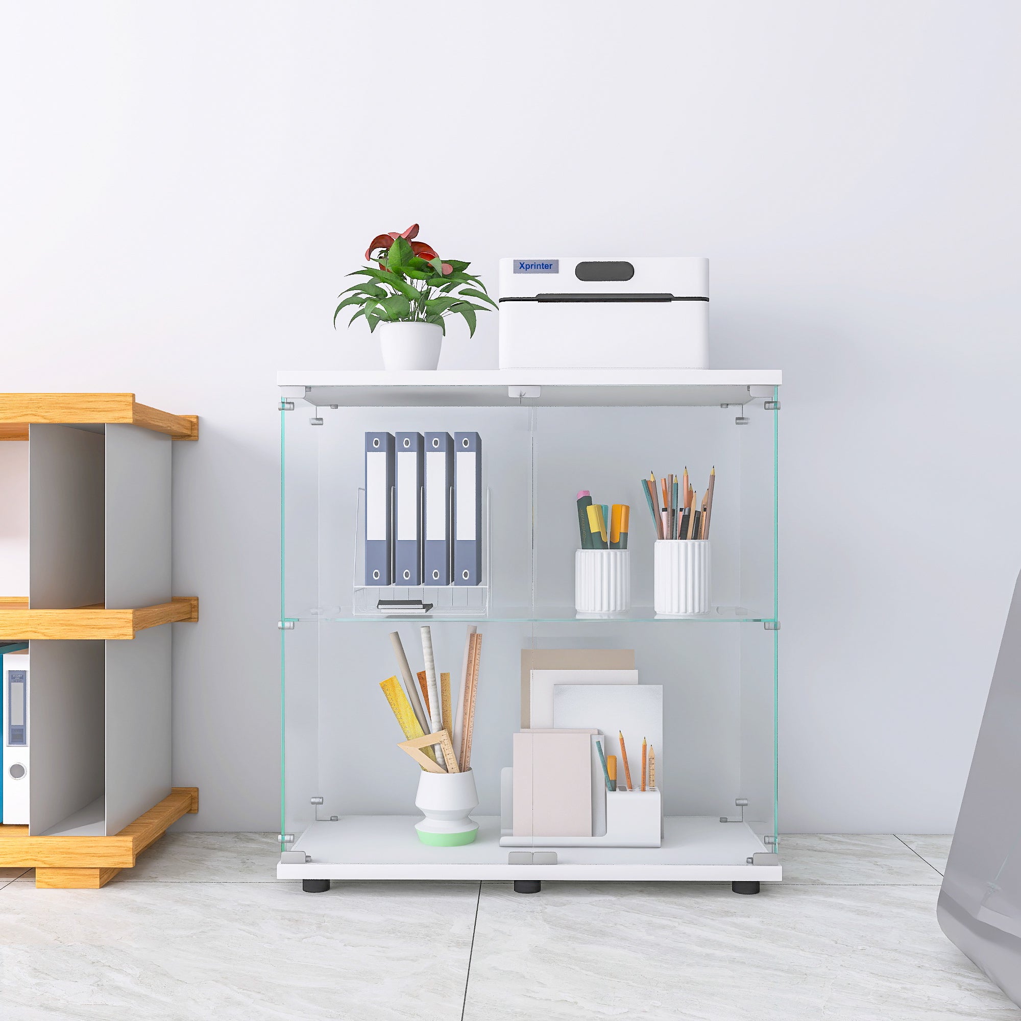 Two-door Glass Display Cabinet 2 Shelves with Door, Floor Standing Curio Bookshelf for Living Room Bedroom Office, 33.35'*31.