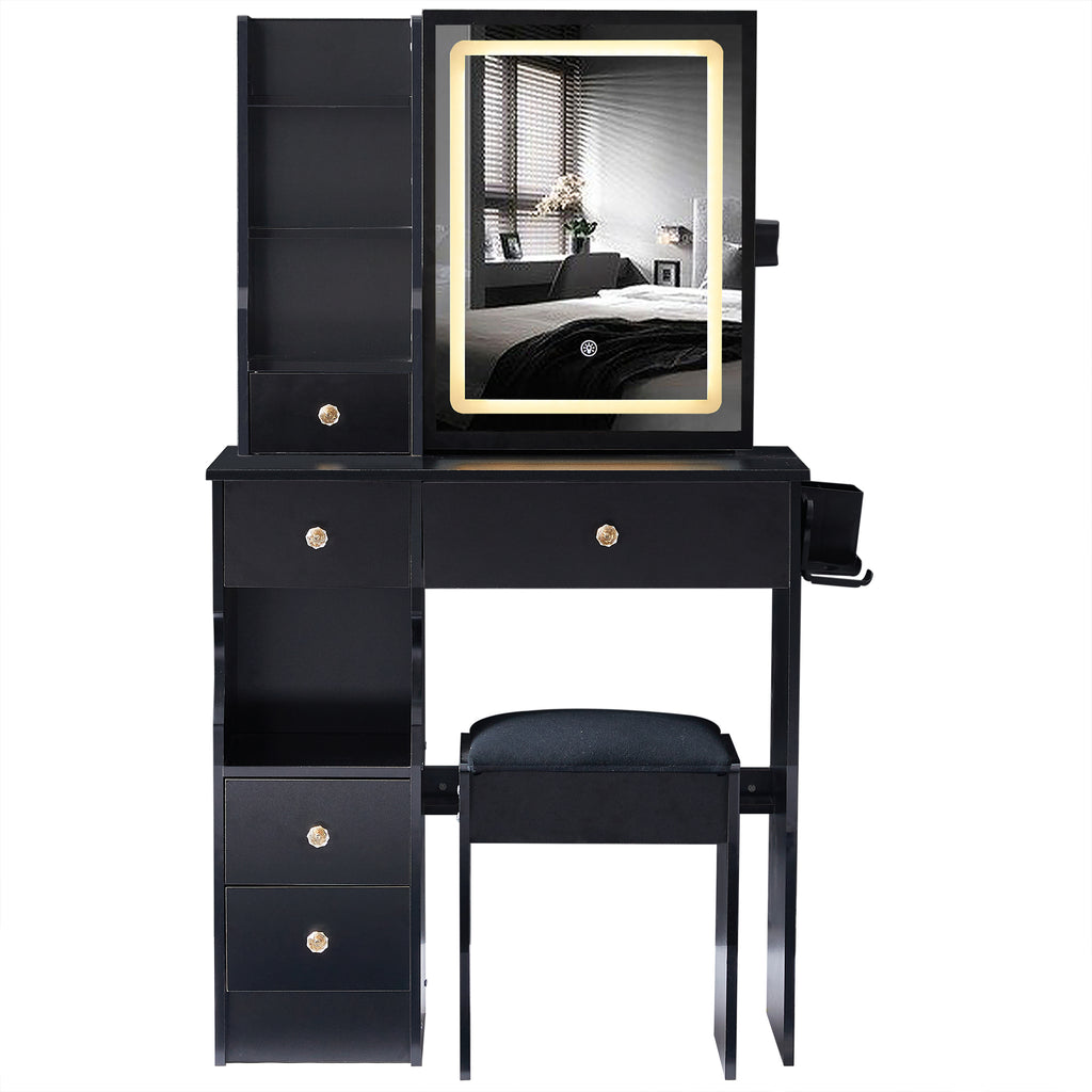 29.2' Small Size Drawer Desktop Vanity Table + Cushioned Stool, 2 AC+2 USB Power Station, Hair dryer bracket, Extra Large Touch Control Sliding LED Mirror, 3-color Switching, EPA, GCC, UL Certificate - Grand Goldman Shop