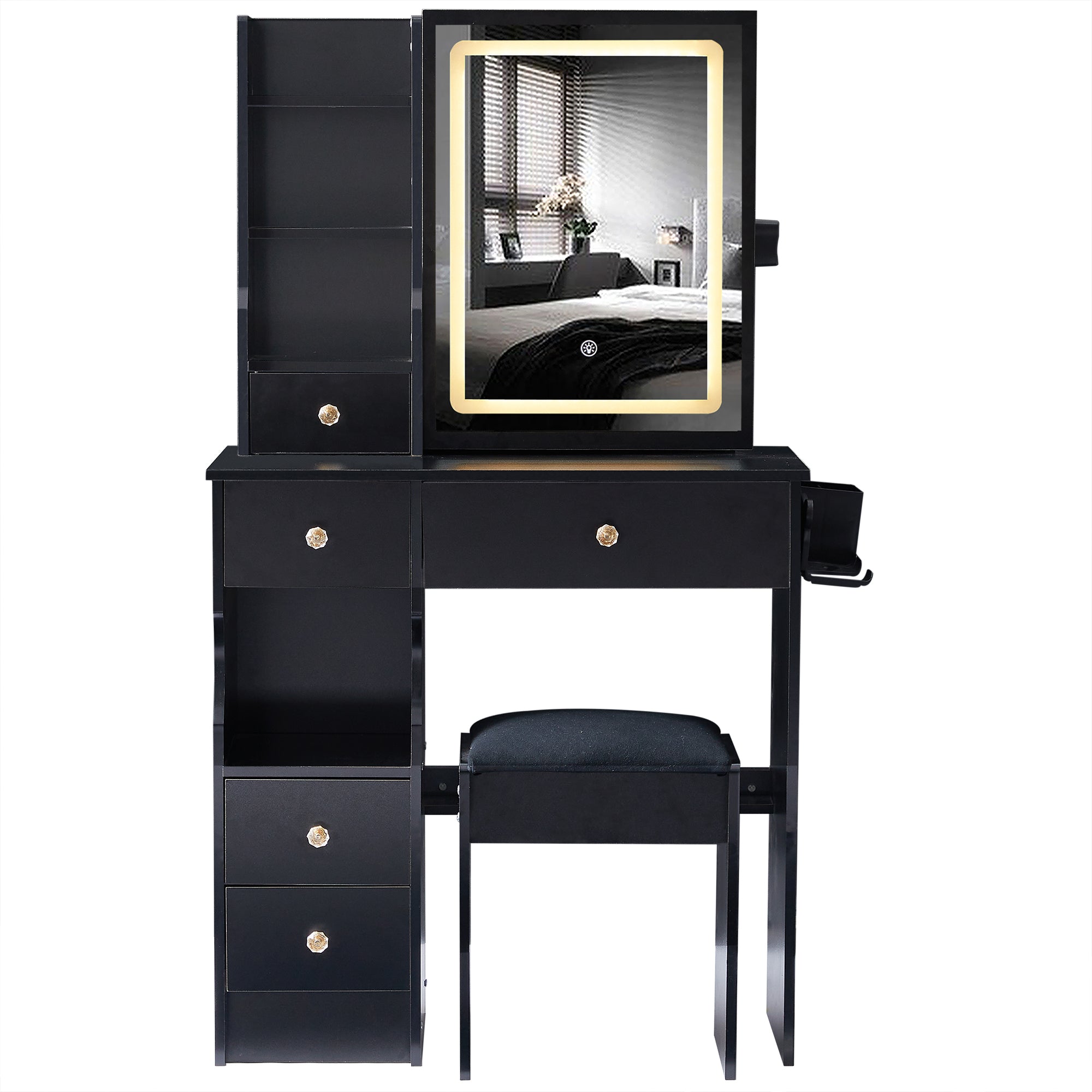 29.2' Small Size Drawer Desktop Vanity Table + Cushioned Stool, 2 AC+2 USB Power Station, Hair dryer bracket, Extra Large Touch Control Sliding LED Mirror, 3-color Switching, EPA, GCC, UL Certificate - Grand Goldman Shop
